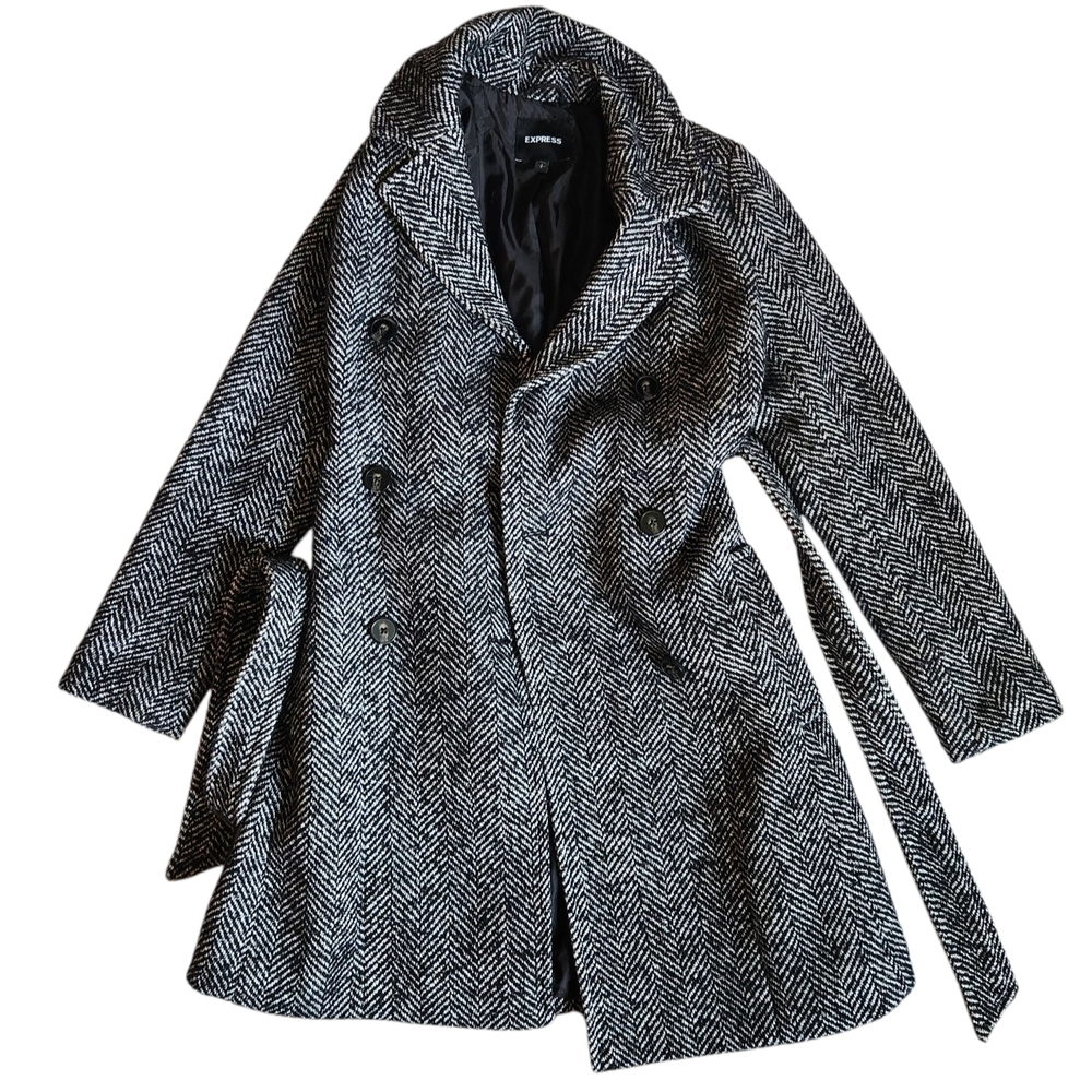 Express Black and White Herringbone Trench Coat